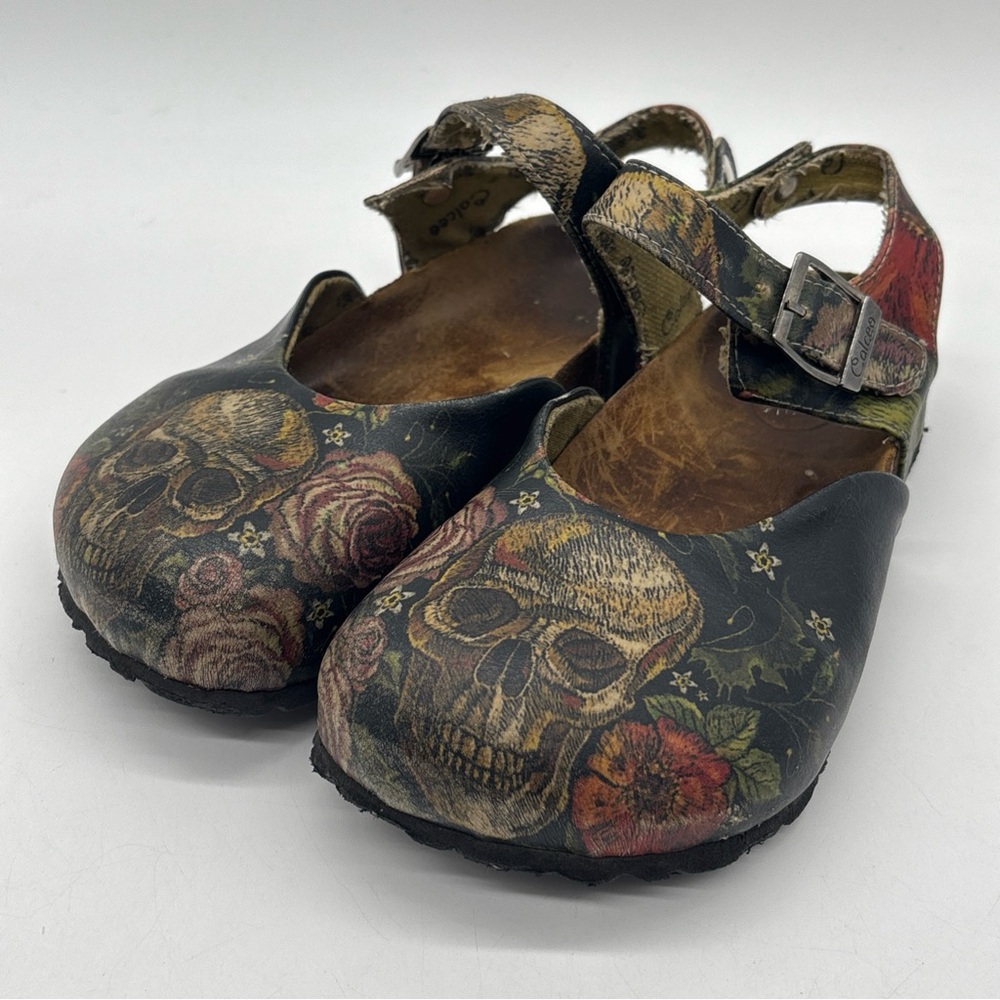 Calceo Skull & Rose Garden Clogs Womens Size 5.5 US 36 EU Black Strap CAL1511
